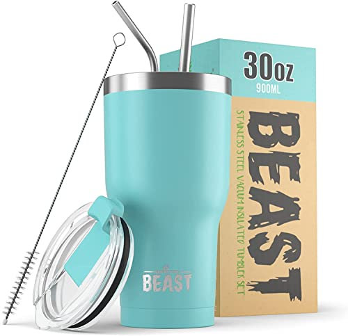 Beast Thermobecher 900 ml - Aquamarinblau I Mehrweg Thermo Kaffeebecher To Go mit 2 Strohhalmen & Reinigungsbürste I Doppelwandiger Trinkbecher aus Edelstahl I Perfekt für Kaffee oder Eiskaffee