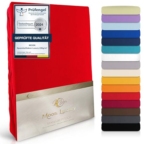 MOON-Luxury Spannbettlaken Spannbetttuch Jersey Stretch 230g/m² für Wasserbetten, Boxspringbetten und herkömmliche Matratzen (rot, 180x200-200x220)