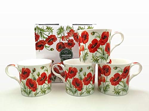 FINE Bone China Set of 4 Mugs Gift Boxed Summer Poppy Mugs Free UK DELIVERY