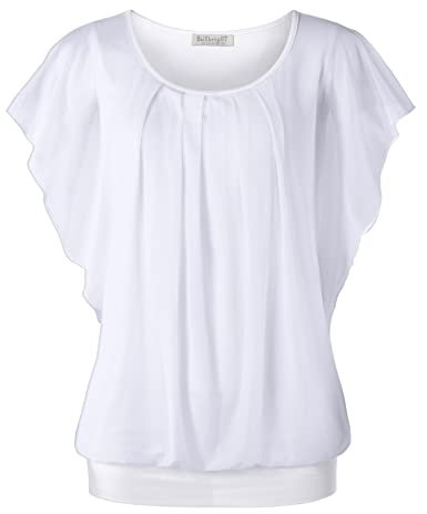 BAISHENGGT Damen Sommer Netz Bluse Flatter Kurzarm Tshirt Rundkragen Falten Elegant Oberteile Top Blusen Reine Weiß XXL