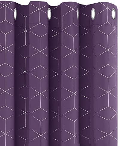 Deconovo Blackout Curtains, Eyelet Curtains, Foil Diamond Printed Thermal Insulated Curtains for Living Room, 46 x 90 Inch(Width x Length), Purple Grape, One Pair