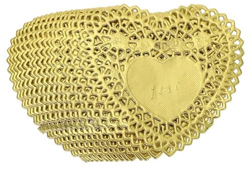 HEMOTON 100 Stücke Herz Tortenpapier Tortenspitze Spitzendeckchen Spitze Papierdeckchen Backpapier Einweg Ölabsorbierende Papier Deckchen für Hochzeit Party Deko Valentinstag Dekoration Golden