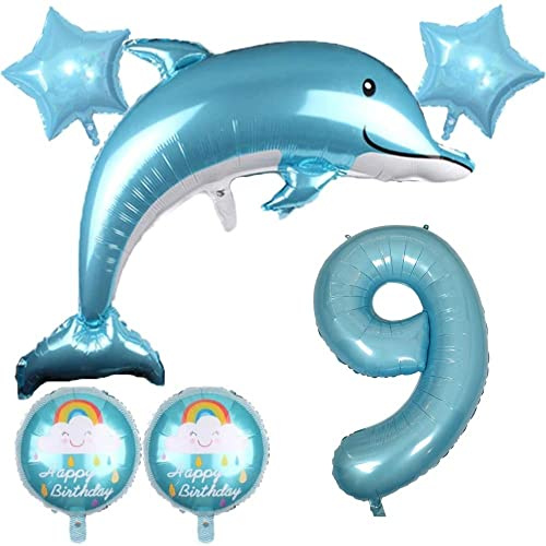 DIWULI, großes Delfin Luftballon Set, XXL Zahl 9 Zahlen-Ballon blau, Muschel Folien-Ballons Happy Birthday, 9. Kinder-Geburtstag Mädchen, Motto-Party, Dekoration, Meer, Meerestier, Folien-Luftballon