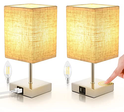 ShuBel Nachttischlampe touch dimmbar 2er set, LED Tischlampe vintage, mit 2 USB Schnellladeanschlüssen & 2 Dimmbare Glühbirne, Energiesparend, Augenschutz für Schlafzimmer, Wohnzimmer, Büro