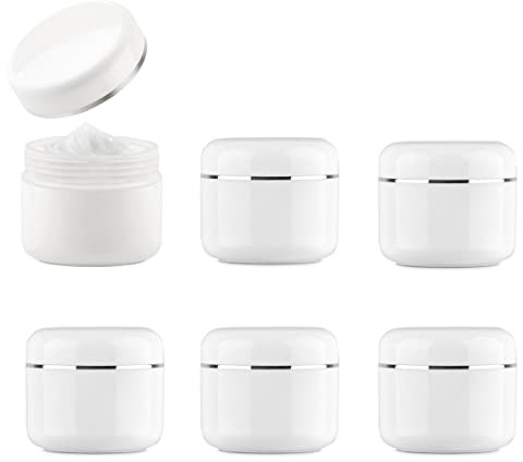 Lot de 6 pots de maquillage rechargeables en plastique blanc avec doublure intérieure et bord argenté 100 ml