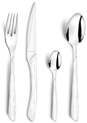 AMEFA - Ménagère 24 couverts de table pour 6 personnes - Eclat Nature - Acier inoxydable 18/0, Finition Brillante - Bois Blanc