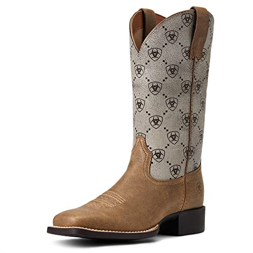 BMVY9 Womens Round Up Wide Square Toe Western Boot Brown Bomber/Ariat Logo 9.5