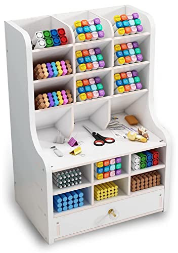 Mnkyer Hölzerner Schreibtischorganisator Multifunktionale Desktop Schreibwaren Stifthalterbox für das Home Office School Supply-Lagerregal mit Schublade (Weiß-b16)