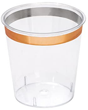 Zappy 124 Pk Plastic Shot Glasses 1 oz Clear With Metallic Rose Gold Rim - Hard Party Disposable Shooter Cups for Sample Wine Tasting