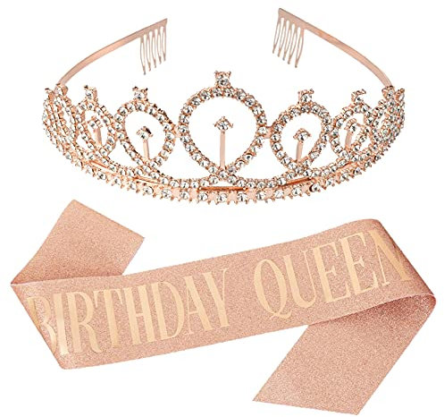AIYONG Geburtstagskrone Geburtstags Schärpe Set, Birthday Queen Schärpe Rose Gold Krone,Geburtstag Cupcake Topper Konfetti Luftballons Zum Mädchen Geburtstag Geschenke Frauen Dekorationen