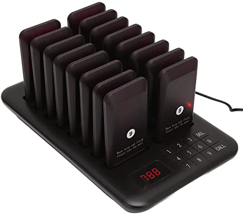 Restaurant Pager System, Kabelloses Rufsystem mit 16 Piepsern, 800 Meter Reichweite, 3 Alarmmodi, 250mAh , Erweiterbar auf 998, für Restaurants, Kirchen, Plastik Schwarz