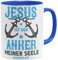 OM3® Jesus ist der Anker meiner Seele Tasse mit Spruch II Hebräer 6:19 - Keramik Becher - 11oz 325ml - Beidseitig Bedruckt - Blau