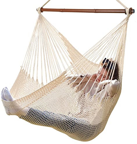 Bathonly Großer Hängesessel mit Metall-Spreizstange, bis 150 kg belastbar, Karibik Hängeschaukel, XL Handgewebt Hängestuhl für Indoor und Outdoor, Wohnzimmer, Terrasse, Garten, Balkon (Beige)