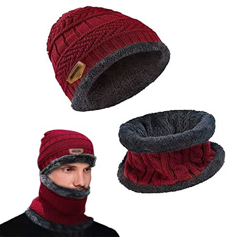 May Huang Wintermütze, Beanie Mütze und Schlauchschal, mit Fleecefutter Mütze Schal Sets, Wolle Strickmütze Wintermütze und Loop Schal für Herren und Damen (rot)