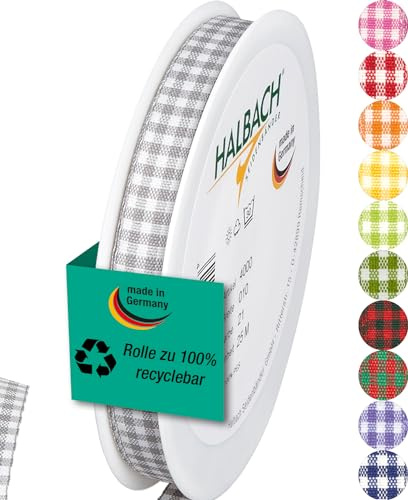 Halbach Vichy-Karo-Geschenkband, 10 mm x 25 m, grau | Kariertes Geschenkband, Made in Germany und Öko-Tex 100 zertifiziert, waschbar und wetterfest zum Verpacken und Dekorieren