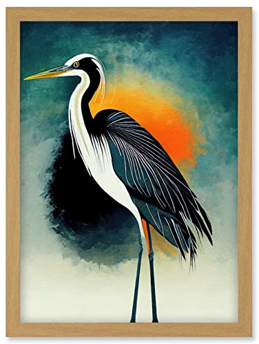 Wee Blue Coo Heron Monochrome Bird Portrait Orange Sunrise Illustration Acrylic Paint Artwork Framed Wall Art Print A4