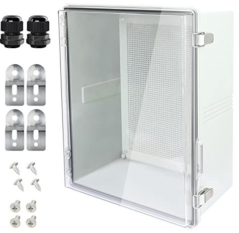 LeMotech Abzweigdose, aufklappbare transparente Abdeckung, Edelstahlriegel, ABS-Kunststoff, IP67, wasserdicht, elektrisches Gehäuse für den Außenbereich, mit Montageplatte, 45x35x20 cm, Grau