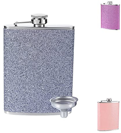 Frauen Flachmann Klein mit Glitzer Color Mini Flachmann Mit A Trichter Tragbar Edelstahl Tragbar Edelstahl Flachmann Zum Wandern, Klettern, Angeln, Camping 235ML(8Oz) (Silber)