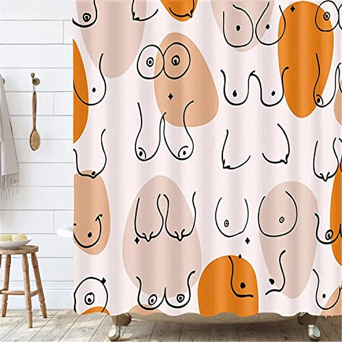 MEKPAM Lustiger Menschlicher Körper Duschvorhang Badezimmerdekor Frau Brust Boob Badezimmervorhang Orange Rosa Stoff Duschvorhang Sets 180X180cm