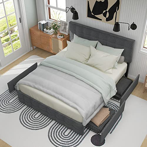 Oyemige Polsterbett mit 4 Schubladen, 140 x 200cm Doppelbett mit Lattenrost, Stauraum Bett, höhenverstellbares Kopfteil & quadratisches Nähdesign, Metalllattenstütze Bett,Ohne Matratze (Grau)