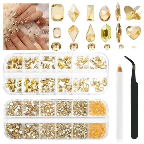 2680 Piece Champagne Gold Nail Stones, Golden Rhinestones with Glitter Beads, Gemstone Jewellery Diamond Decorations