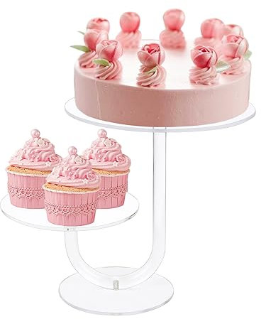 2 Tier Cake Stand Acrylic Cupcake Holder - Premium Dessert Display Stands for Dessert Table - Clear Cupcake and Cake Stand Combo for Weddings, Parties, Events, Decorations - Diameter 15 and 20 cm