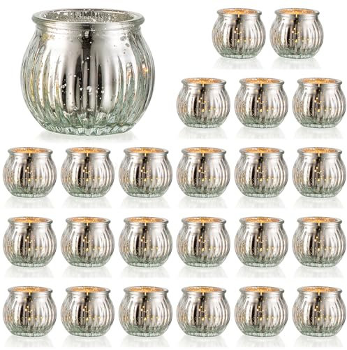 NUPTIO Glas Teelichtgläser Teelichthalter Teelichtglas: 24 Stück Silber Teelichter Halter Set Gerippt Kürbis Teelicht Klein Wohnzimmer Kerzenlicht Abendessen Tisch Geburtstag Parteien