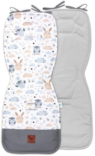 Pepi Beidseitig Sitzauflage Kinderwagen 33 x 85 cm - Sitzauflage Buggy 100% Baumwolle - Kinderwagen Einlage 6 Löcher für Sicherheitsgurte - Kinderwagen Sitzauflage Waldfreunde mit Samt