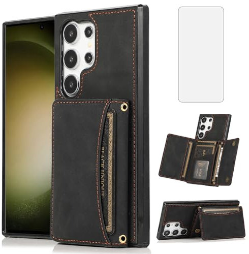 Asuwish Handyhülle für Samsung Galaxy S24 Ultra 5G Hülle mit Glas Folie Schutzfolie Kartenfach Klappbar Leder Geldbörse Ständer S24Ultra 24S S 24 24Ultra Handy Hüllen Schutzhülle Phone Case Schwarz