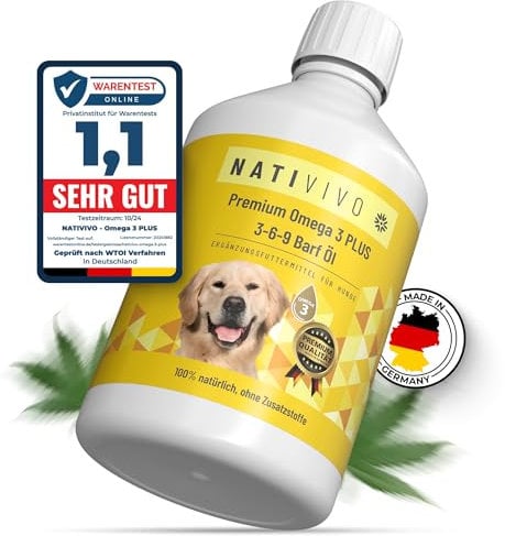 NatiVivo Premium Omega 3-6-9 Hunde Barföl 500ml Omega 3 Boost Fischöl mit Hanfsamenöl 100% natürlich Hochwertige Ergänzung für Barf & Trockenfutter Made in Germany