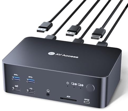 (Desktop only) AV Access iDock D23 8K KVM Switch Docking Station for 2 PCs & 3 Monitors, DisplayPort 2.0, 1G Ethernet, USB 3.0, 4K@165/144Hz, 2K@144Hz for Gaming & Home Office