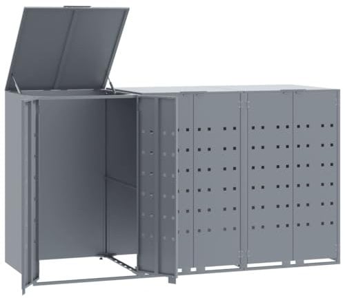 ** vidaXL Wheelie Bin Storage for 3 Bins - Grey Steel - 207x79x117 cm - Garden Trash Cover with Ventilation, Gas-Spring Lid, and Magnetic Doors