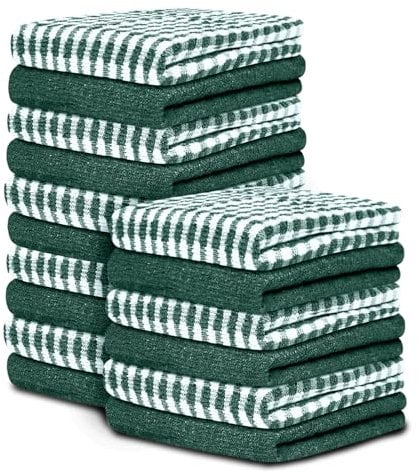 Large Tea Towels Pack of 16 | 46 x 65 Cm Check Green Tea Towels Bar Kitchen Towels Set | Absorbent Chef Tea Towel Dish Cloths For Washing & Cleaning | 35% Polyester, 65% Cotton Dish Towels
