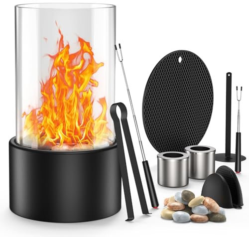 MoKo Fogata de Mesa, Chimenea de Mesa Portátil sin Humo con Piedra Decorativa de Cristal a Prueba de Viento, Mini Chimenea de Mesa de Bioetanol para Exterior e Interior, Decoración, Balcón,Patio,Negro