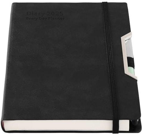 Akademischer Terminplaner 2025, ein Tag pro Seite, Hardcover, von Januar 2025 bis Dezember 2025, Agenda, A5, Tages- und Monatsplaner mit monatlichen Registern, Innentasche, Stift (Schwarz)