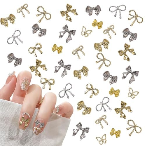 3D Bow Nail Charms,100PCS Metal Alloy 3D Nail Art Bows,Gold Silver Bowknot Bow Tie Butterfly Nail Gems and Charms for Nail Art Design Decorations DIY Crafts Jewelry Accessories (Gold Silver A)