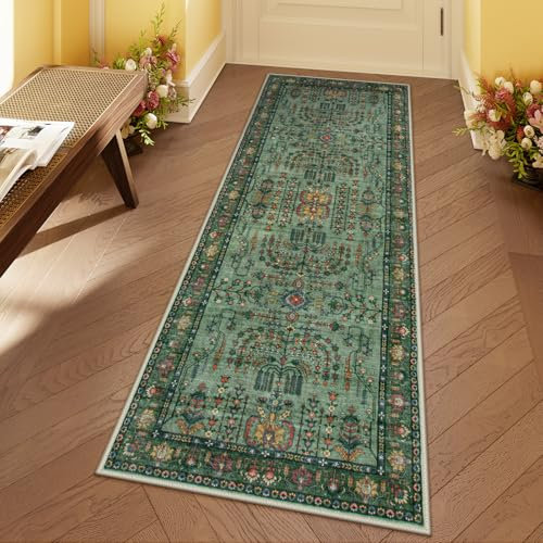 Moynesa Boho-Teppich für Flur, waschbar, 2 x 6 cm, traditionelles Blumenmuster, Küchenteppich, Läufer für Flur, rutschfest, niedriger Flor, weich, orientalisch, Schlafzimmer, Teppichläufer, 1,8 m, für