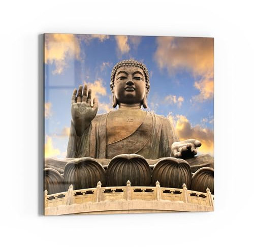 DEQORI Glasbild Echtglas | Motiv Buddha über Hongkong | quadratisch einteilig 30x30 cm | schöne Dekoration | Wandbild für Wohnzimmer, Schlafzimmer, Flur & Küche | moderne Wanddeko
