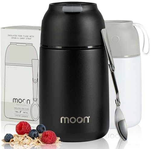 Moon Food Flasks For Hot Food - Insulated, Stainless Steel, Thermal Lunch Box, Soup Containers, Food Jars for Kids & Adults, Free Spoon, Leakproof, UK Company (700ml Black)