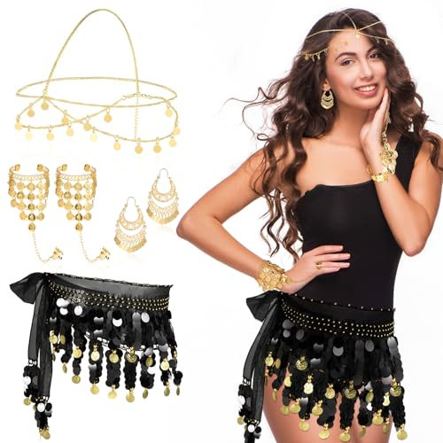 Bauchtanz Kostüm Damen Bauchtanz Hüfttuch Kopfschmuck Münzen Ohrring Armband Bauchtanz Rock für Yoga Bauchtanz, Zumba Latin Dance Belly Dance Outfit