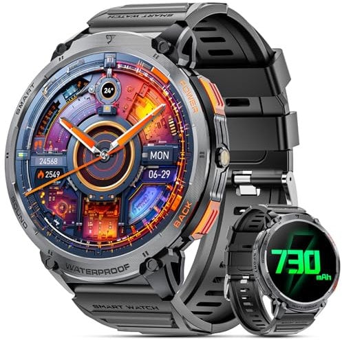 Haulvean Smartwatch Militar para Hombres con Llamadas Bluetooth, 1,85 HD 730 mAh, IP68,Seguimiento de Fitness con Linterna LED,Frecuencia Cardíaca 24/7, Monitoreo de Sueño,Compatible Android e iOS