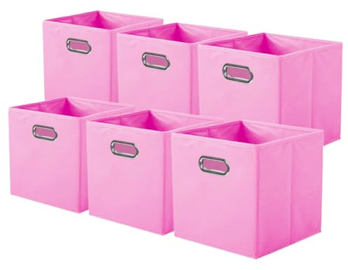 powerking Fabric Storage Box Bins, 6 Pack Foldable Cloth Storage Cube Organizer Drawer with Metal Handle For Closet And Toys Storage,Pink