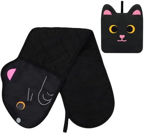 Yamepuia Ofenhandschuhe,Schwarze Katze Kochhandschuhe Lang,Niedlich Lustig KüChenhandschuhe Mit 1 Pcs Topflappen,Weich Katze Topflappen Handschuh Set für Backen Mikrowelle,82 X20 cm,Schwarze