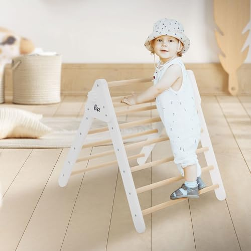 Joyz Kletterdreieck für Kinder ab 2 Jahre, Weiß, Klettergerüst Indoor aus Massivholz, Pikler Dreieck, Montessori Spielzeug, Holzdreieck für Baby, Kletterleiter Kletterturm Klettergerät Spielgeräte