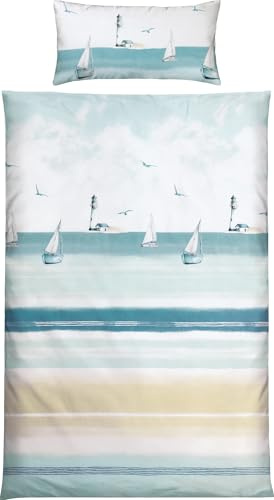 REDBEST Renforcé Bettwäsche Maritim blau-beige Größe 40x80 cm / 155x220 cm - temperaturausgleichend, strapazierfähig, mit Reißverschluss