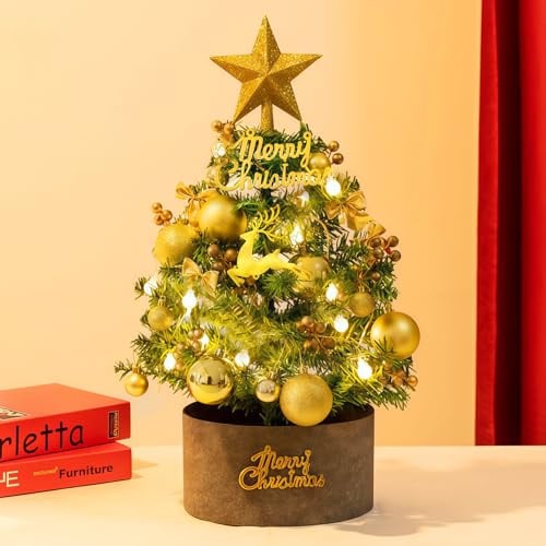 Mini Weihnachtsbaum 60 cm mit Beleuchtung LED,Christbaum künstlich als Tisch Weihnachtsbaum,Weihnachtsdeko mit Kleiner Weihnachtsbaum Stern Baumspitze und Weihnachtskugeln,Tischdeko Weihnachten