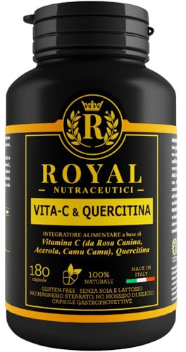 Integratore Vitamina C Naturale con Quercetina, Rosa Canina, Acerola e Camu Camu – Integratore Difese Immunitarie e Anti-Stanchezza – 180 Capsule Gastroprotette – Royal Nutraceutici