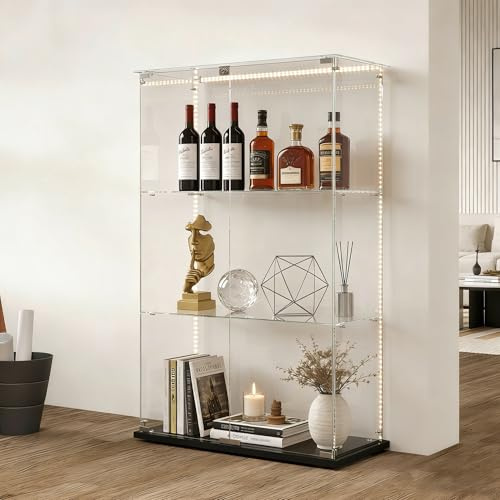 KRYZOR Vitrine aus Glas, stehend mit LED, Glasvitrine mit Display, 3 Regalböden, Vitrinen für Sammlung mit 2 Türen und Schloss, für Bar, Küche und Wohnzimmer (Schwarz – 3 Etagen)