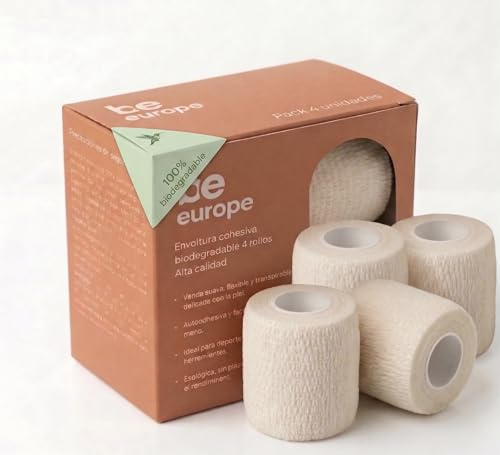 Pack 4 Vendas Cohesivas Deportivas Autoadherentes 5cm x 5m | 100% Biodegradable | Cinta Elástica para Deporte, Crossfit y Fisioterapia | Sin Látex | BEeurope ECOGRIP Pro