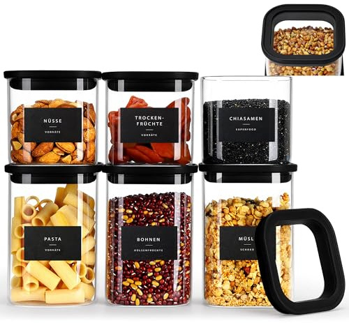 Happy Lemuro Vorratsgläser eckig schwarz, 6er-Set – luftdichte Vorratsdosen Glas mit Deckel, mottensicher & stapelbar – Aufbewahrungsgläser Küche, 3 x 600 ml + 3 x 1050 ml